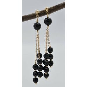 New 14K Solid Yellow Gold Faceted Black Onyx Chandelier Earrings